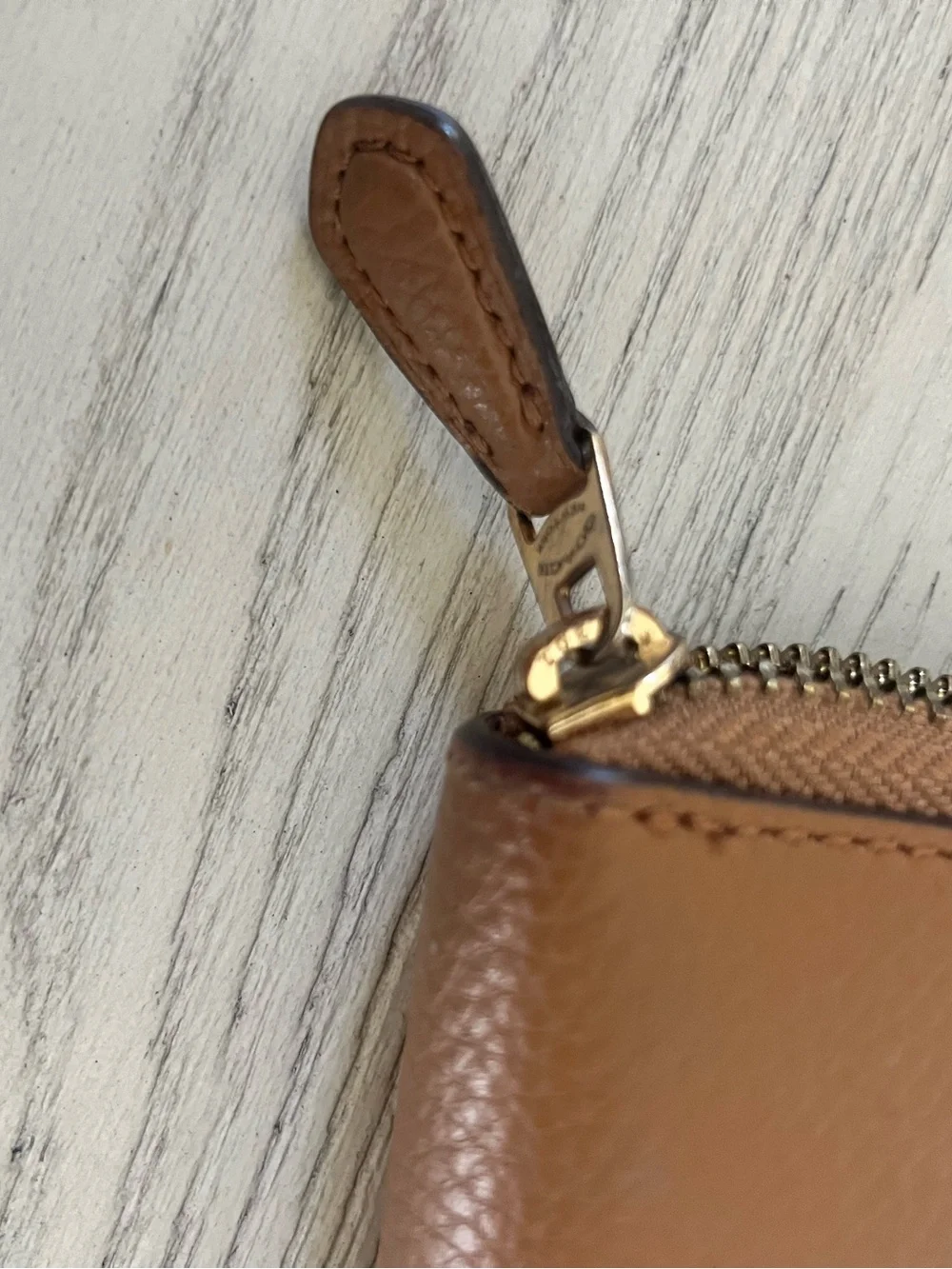 Coach Tan Pebbled Leather Zip Wallet with Gold Logo